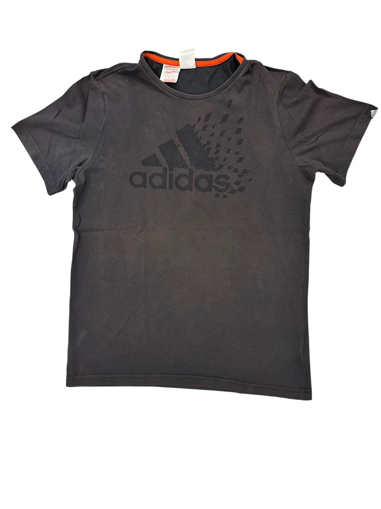 Adidas T-Shirt – Small/Medium – Black with Pixelated Logo & Orange Neckline Trim – Premium++ Condition